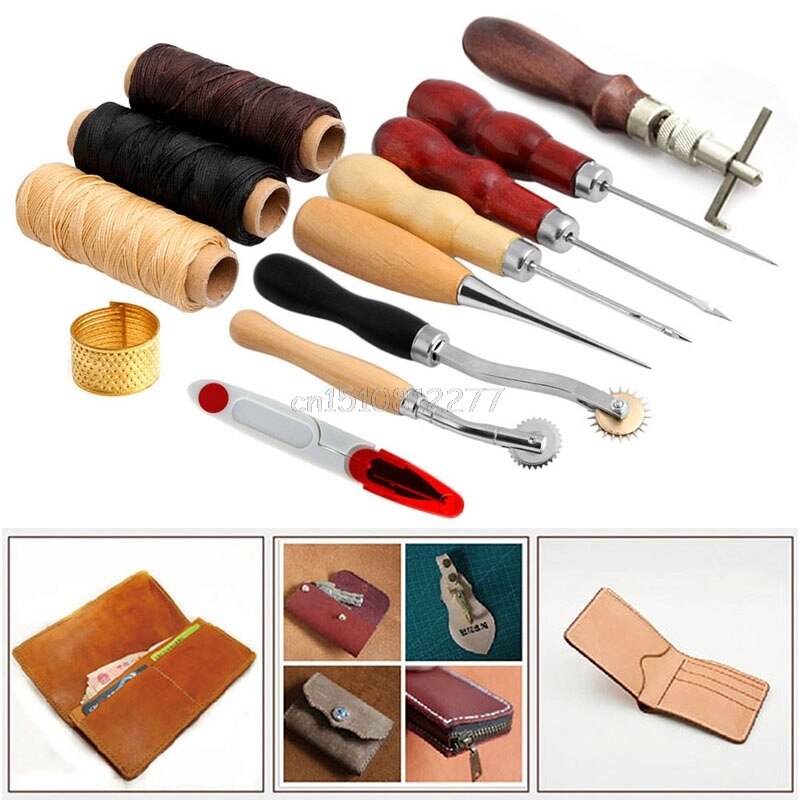 Dedal de madera encerado, tijera de aguja para coser cuero, Kit de herramientas para manualidades, accesorios de artesanía de cuero # H0VH # , 14 Uds.