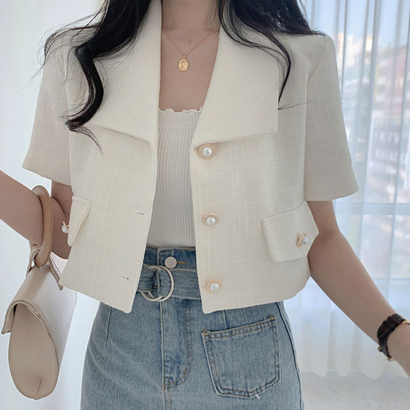Sannian Corea verano Retro pequeña solapa fragante tres botones Tops cortos traje ajustado de manga corta abrigo mujeres Blazers y chaquetas
