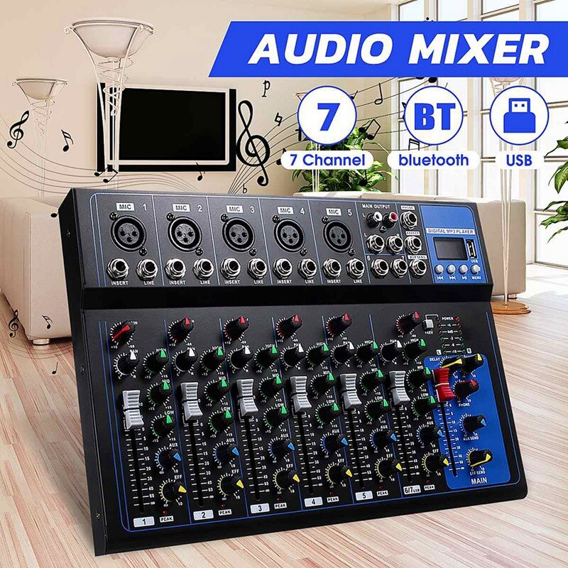 Bluetooth Portable Audio Mixer W/USB DJ Sound Mixing Console MP3 Jack 7 Channel Karaoke 48V Amplifier Karaoke(EU Plug)