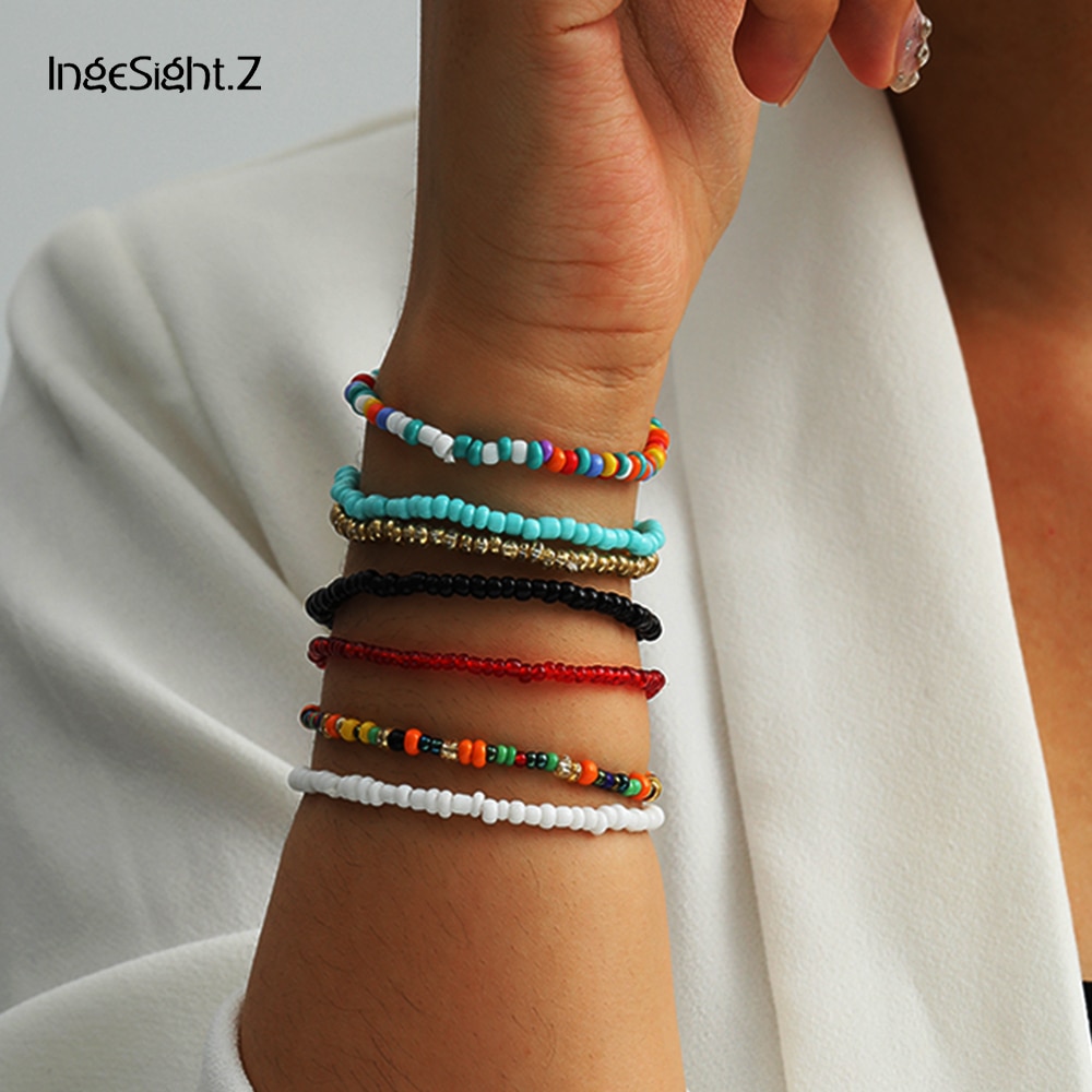 IngeSight.Z 7 – Bracelets en perles de rocaille arc-en-ciel pour femmes, bijoux bohème, chaîne de poignet en acrylique coloré, pièces/ensemble