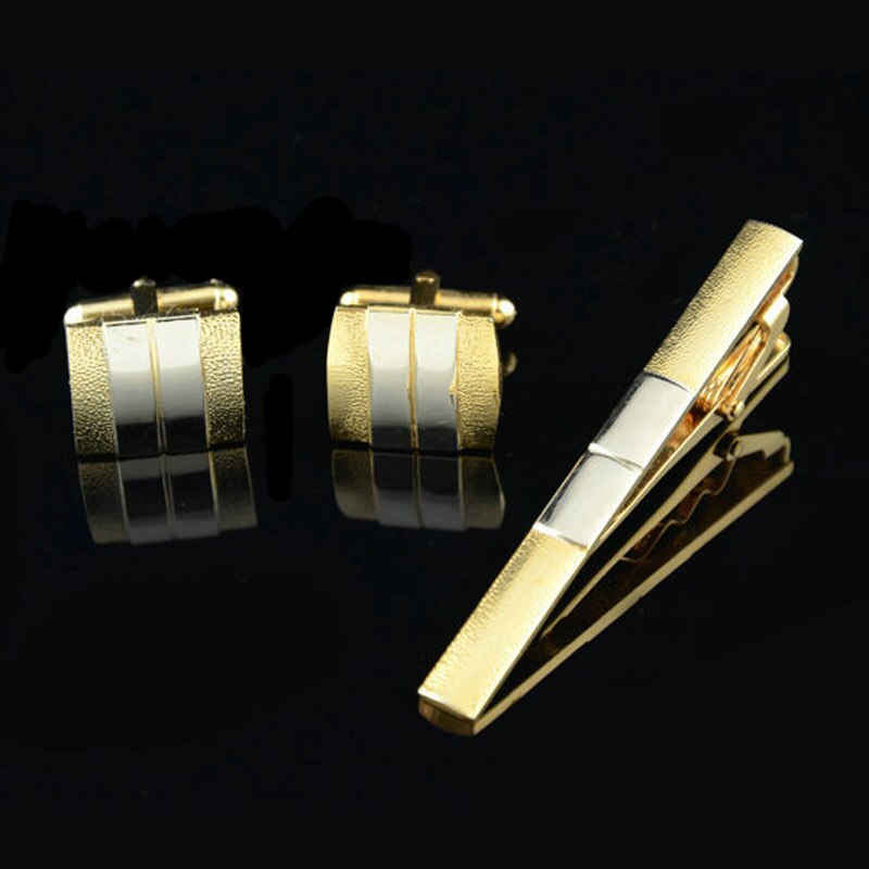 Guld bindeclips og manchetknapper sæt til mænd klassiske meter slips klip manchetknapper sæt kobber slips bar gylden slips krave nåle smykker