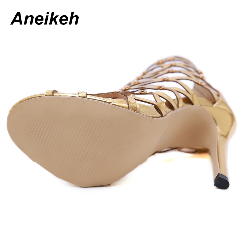 Aneikeh sommer gladiator sandaler guld ankel dame sandaler bur høje hæle romerske sko 12 cm fest dans størrelse 35-40