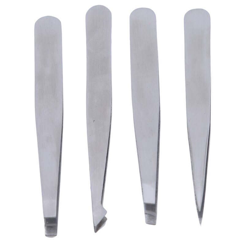 4 Sets Of Eyebrow Tweezers Stainless Steel Pointed / Tilted Pointed / Flat Hair Removal Makeup Kit