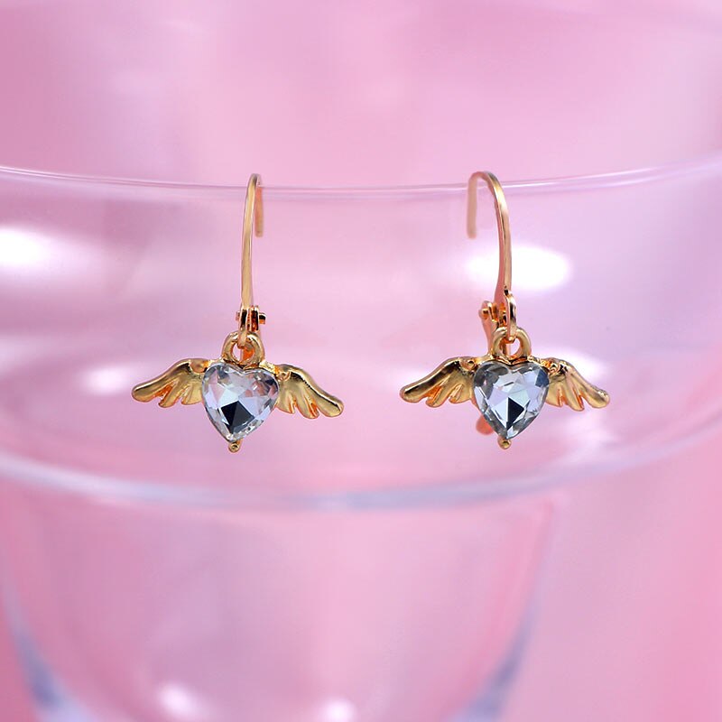 Flatfoosie Mode Bling Hart Crystal Oorbellen Voor Vrouwen Goud Kleur Alloy Wing Earring Sieraden Party