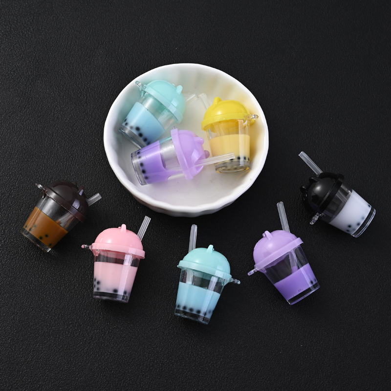 10Pcs Cute Colorful Milk Tea Milkshake Bottle Straw Acrylic Charms Drinks Beverage Pendant for Jewelry Making Necklace