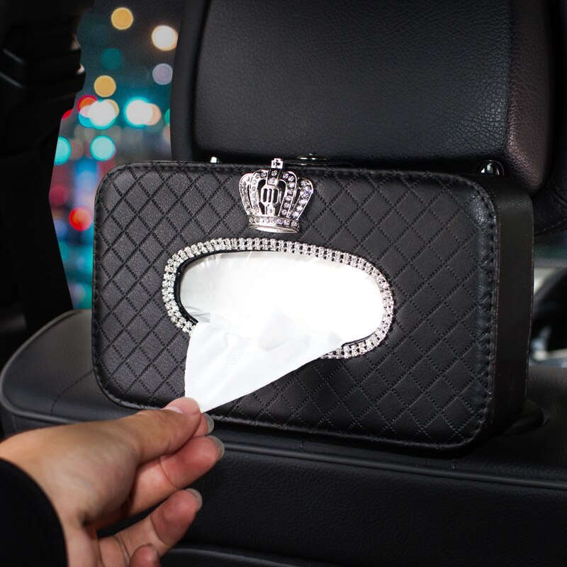 Krystal krone sløjfe bil tissue box læder tissue holder auto sæde ryg nakkestøtte hængende papirpose diamant til biltilbehør