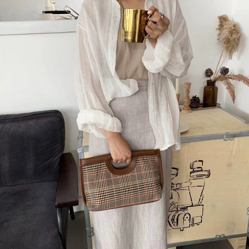 Vintage kleine katoenen damestassen merk dames handtassen geruite dames schoudertas geruite dames crossbody tas geheel: Bruin