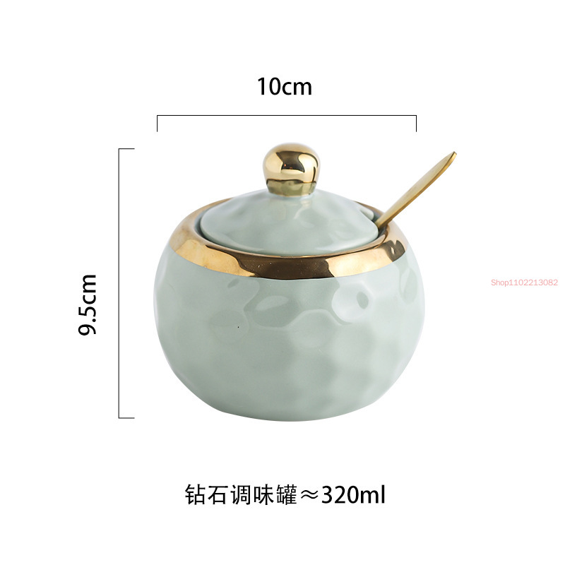 Gold-plated Ceramic Seasoning Jar with Lid Spoon Household Sugar Bowl Chili Box Kitchen Food Container Spice Organizer Rack: Light Grey