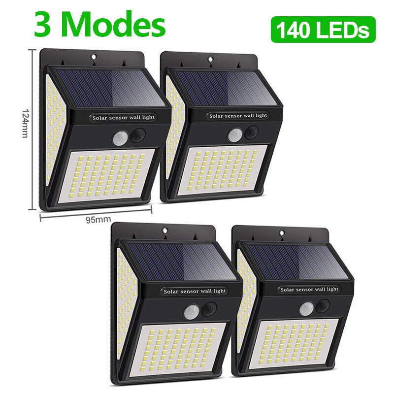 Leclstar Solar LED Light Outdoor Wall Lamps With Sensor Waterproof Sunlight Powered 3 Modes Spotlight Terrace Patio Garden Decor: 140 LED-4 PCS
