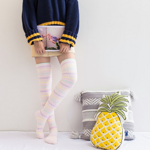 Women's Knee Socks Winter Coral Fleece Knee-socks Long Over Knee Cute Stockings Thick Warm Striped Socks: Pinstripe