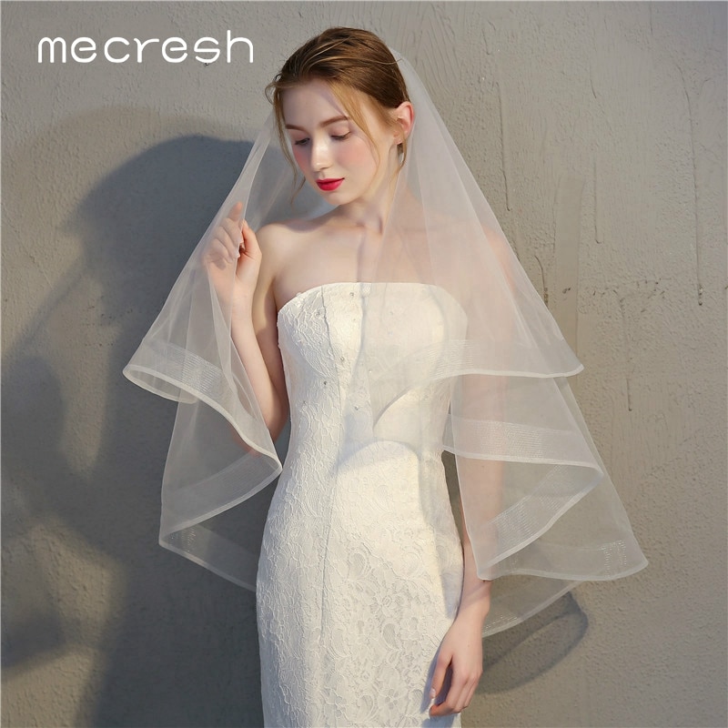 Mecresh Band-Rand Braut Hochzeit Schleier 2 Schichten Weiß Elfenbein Ellenbogen Länge Tüll Mariage Schleier Mit Kamm Frauen Zubehör TS001