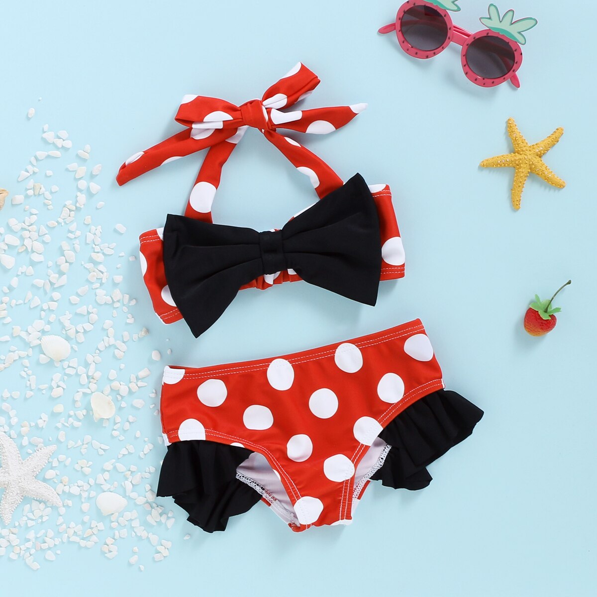 Sommer barn småbørn baby piger bikini sæt stor sløjfe polkaprikkede top og bund 2 stk badedragt sæt badedragt sæt 0-4y