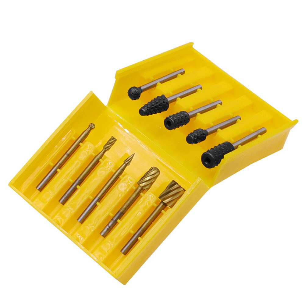 10pcs Set HSS Routing Milling Rotary File Cutter Plastic Resin Wood Carved Knife Cutter Tools Accessories with Storage Box
