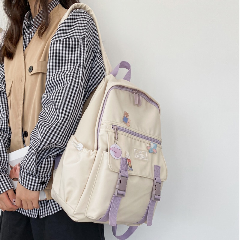 DCIMOR Preppy Style Buckle Student Backpack Contrast Color Zipper Waterproof Nylon Women Backpack Female Lovely Travel Bagpack