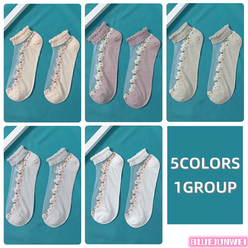 5 paires de chaussettes pour femmes, été, motif floral, chaussettes en soie, cristal, douces, en coton, respirantes, à la cheville: 9