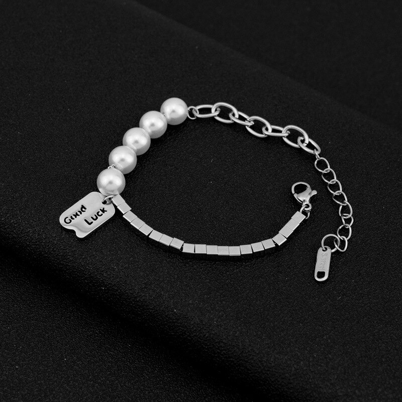 2022 Koreaanse Golf Rvs Parel Vierkante Stiksels Geluk Armband Ins Celebrity Sieraden: Default Title