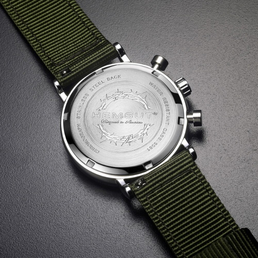 Hemsut, reloj deportivo de para hombre, relojes de pulsera luminosos de cuarzo con cronógrafo, correa de lona verde, reloj masculino