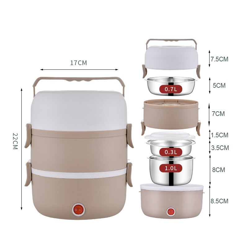 Multifunctional portable stainless steel rice cooker with rice artifact heat preservation and automatic heating lunch box: 3 layers Khaki 304