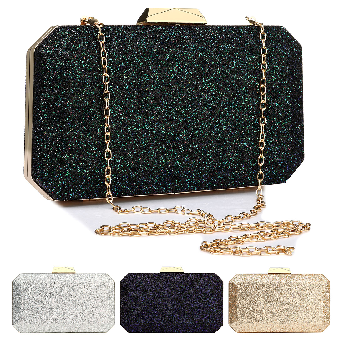 Sequined Leather Box Bag With Chain Solid Evening Bags Women Banquet Glitter Shinny Clutches Shoulder Bag