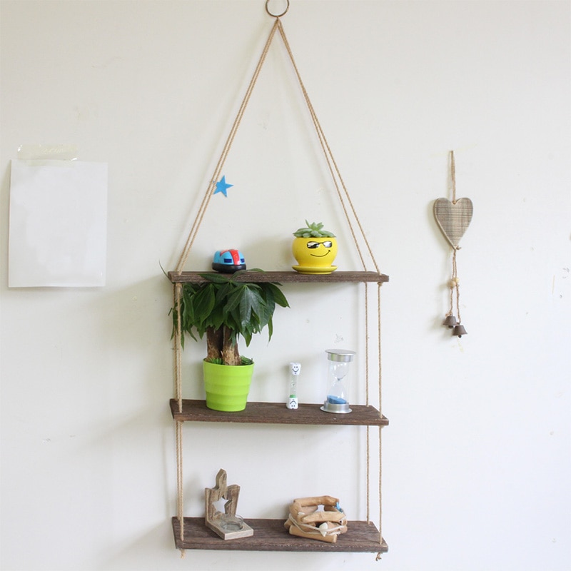Estante colgante de madera de cuerda hecho a mano, decoración de pared rústica, flotante, madera sólida Natural
