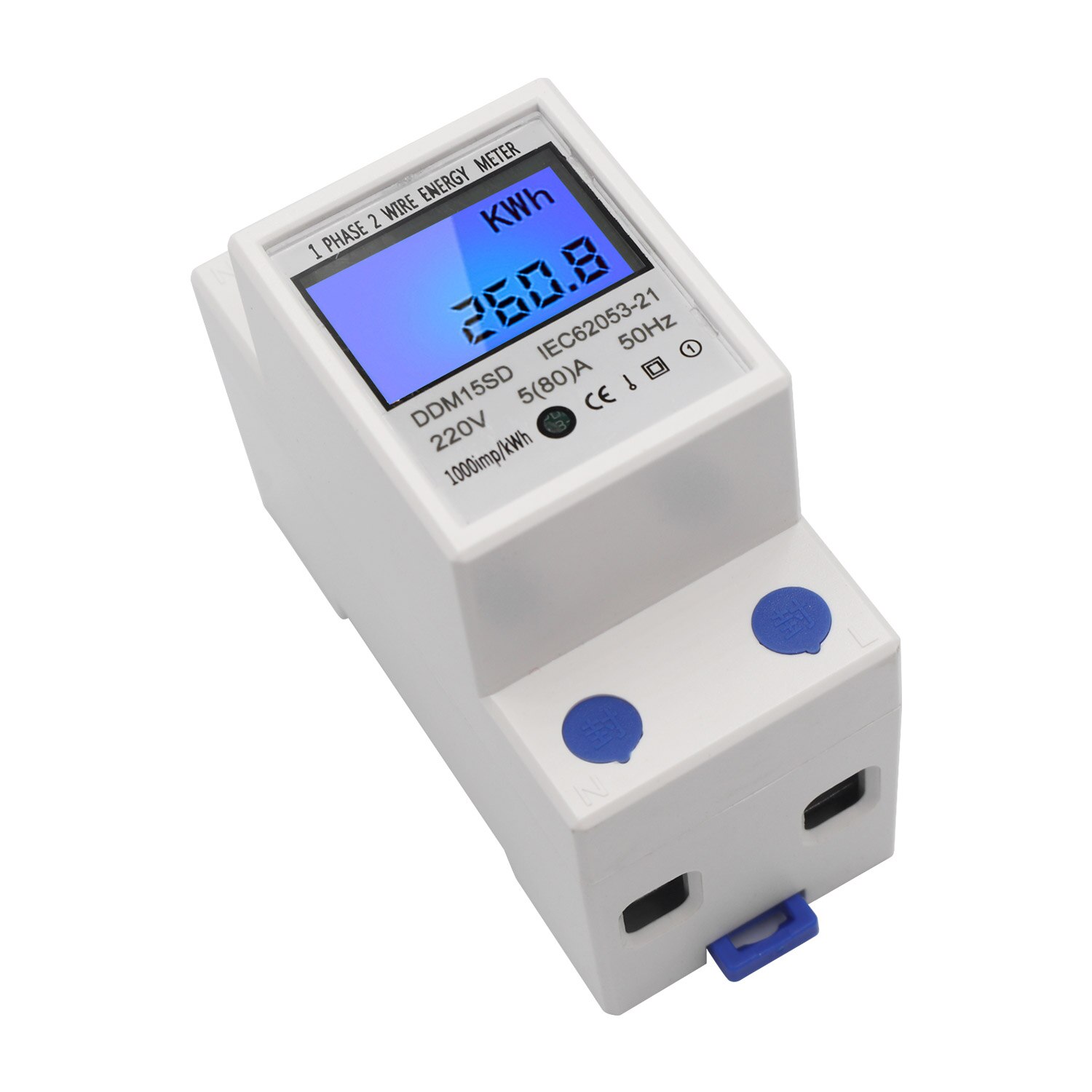 Single Phase DIN-Rail Energy Meter 5-80A 220V 50Hz Electronic KWh Meter with LCD Backlight Digital Display DDM15SD