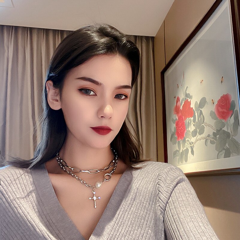 FYUAN Korean Style Double Chain Choker Necklaces for Women Cross Pendant Necklaces Statement Jewelry