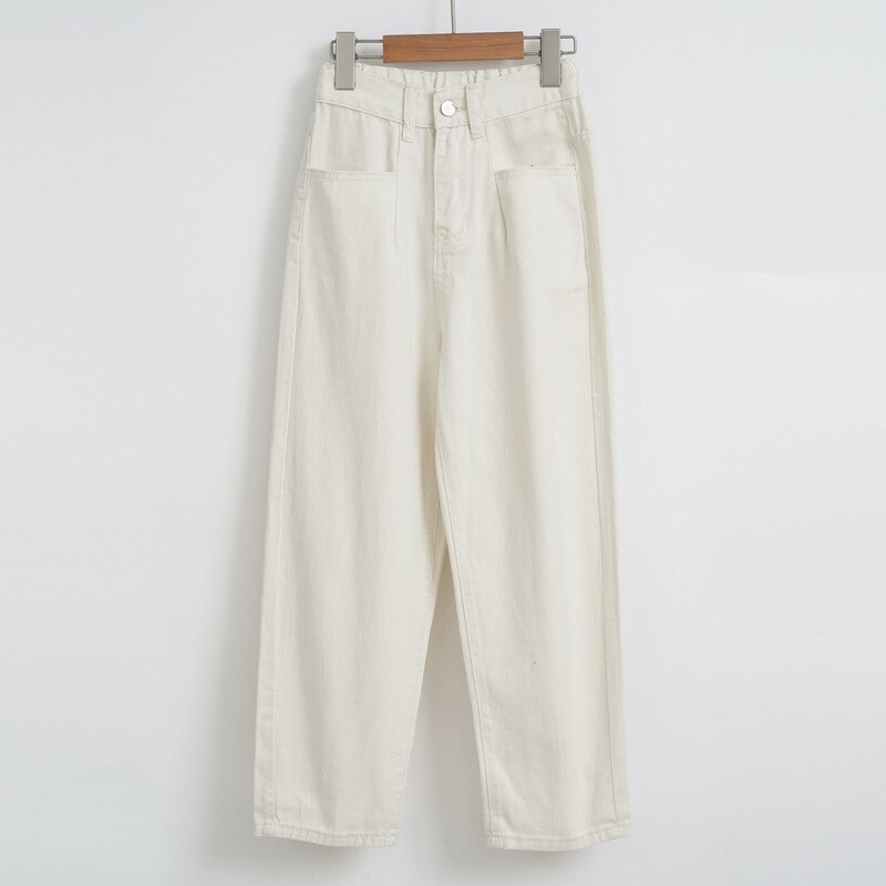 Chicas adolescentes Beige recto Jeans Otoño Invierno cintura alta cintura elástica pantalones Denim 10 12 13 14 15 años: beige / 16