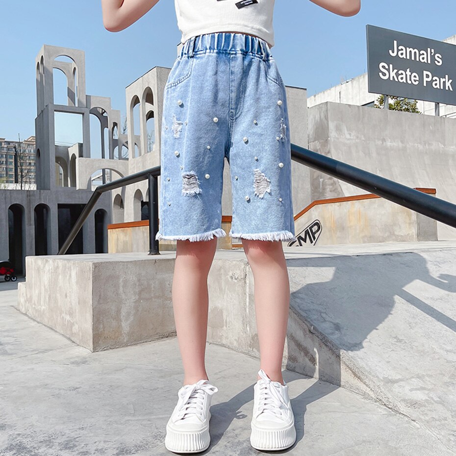 Summer Jeans Girl Pearls Girl Short Jeans Big Hole Trousers For Children Casual Style Children's Jeans Clothes