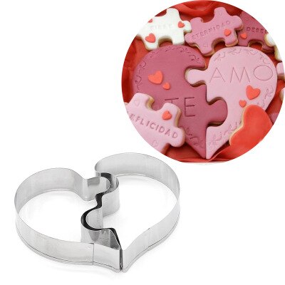 2 stks/set Liefde Puzzel Cookie Cutter 3D Rvs Heart Shape Wedding Cake Decorating Gereedschap DIY Gebak Biscuit Bakken Mallen