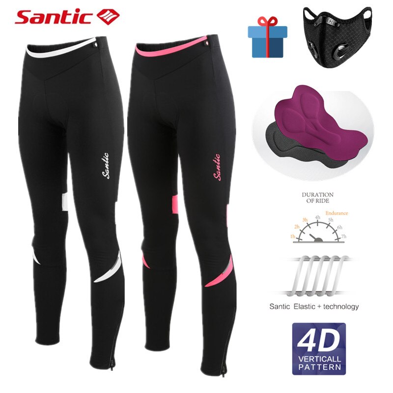 Santic Women MTB Bike Pants 4D Cushion Pad Reflective Thermal Winter Fleece Pants Breathable Bicycle Riding Running Cycling Pant