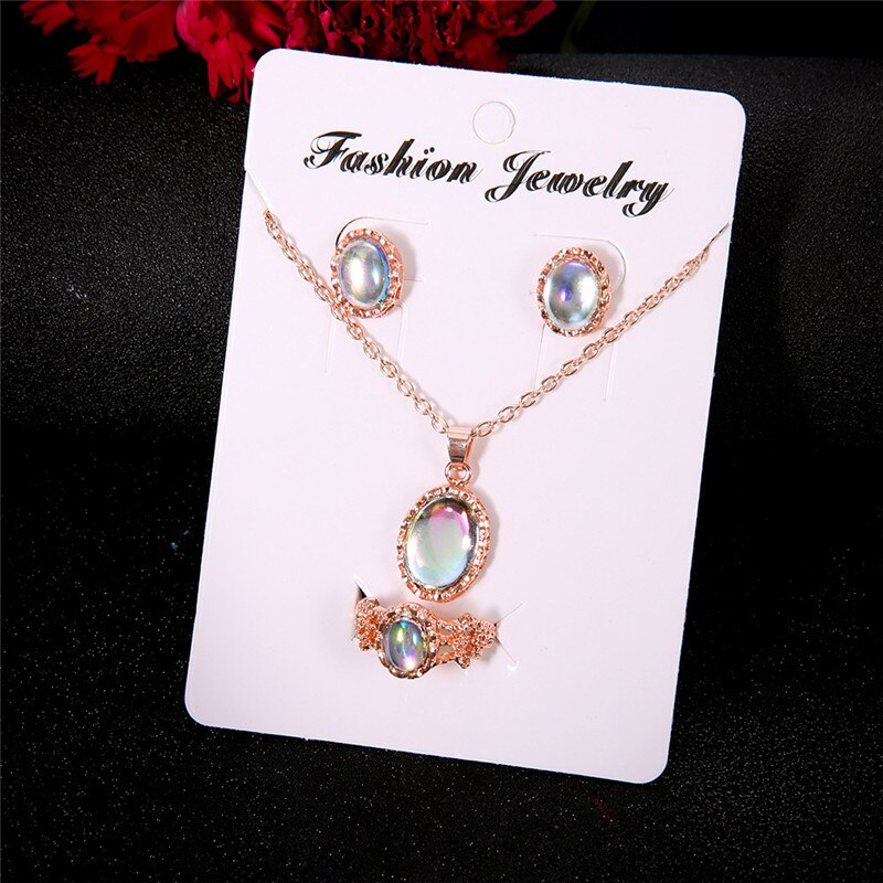 Schattige Vrouwelijke Ovale Maansteen Sieraden Set Charm Rose Goud Kleur Stud Oorbellen Voor Vrouwen Dainty Bruid Bruiloft Collier Ring