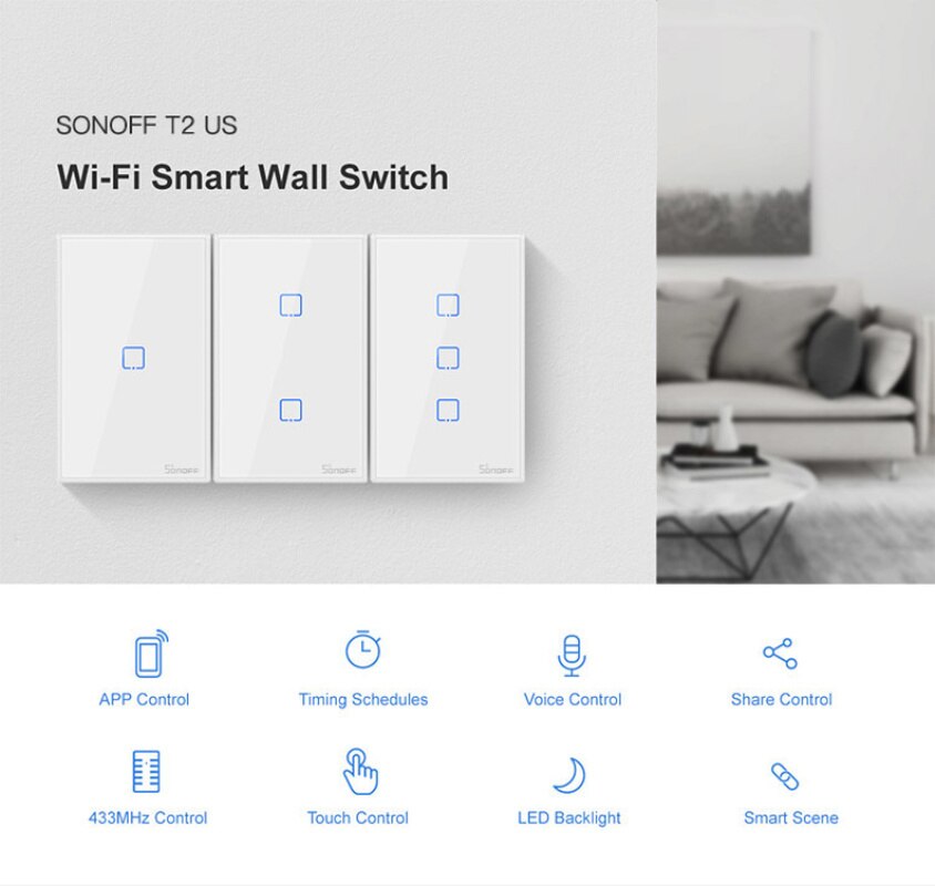 SONOFF T2US TX Smart Wifi tactile interrupteur mural avec bordure Smart Home 1/2/3 Gang 433 RF/voix/APP contrôle avec Alexa Google