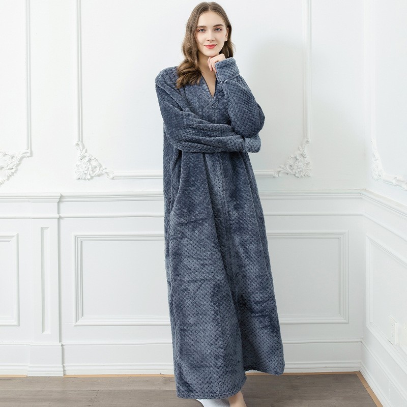 Frauen Winter Extra Lange Warme Jacquard Flanell Bademantel Schwangere Zipper Plus Größe Morgenmantel Lounge Korallen Fleece Bademantel: M / Brown