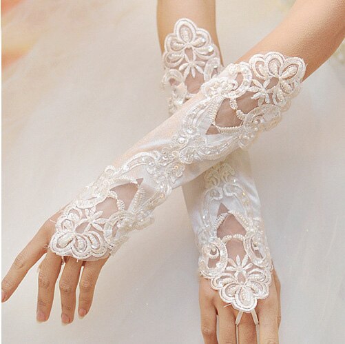 Gants de mariage pour mariée perle multicolore satin sans doigts mariée gants de mariage coude spot applique mariage perlé: Ivoire