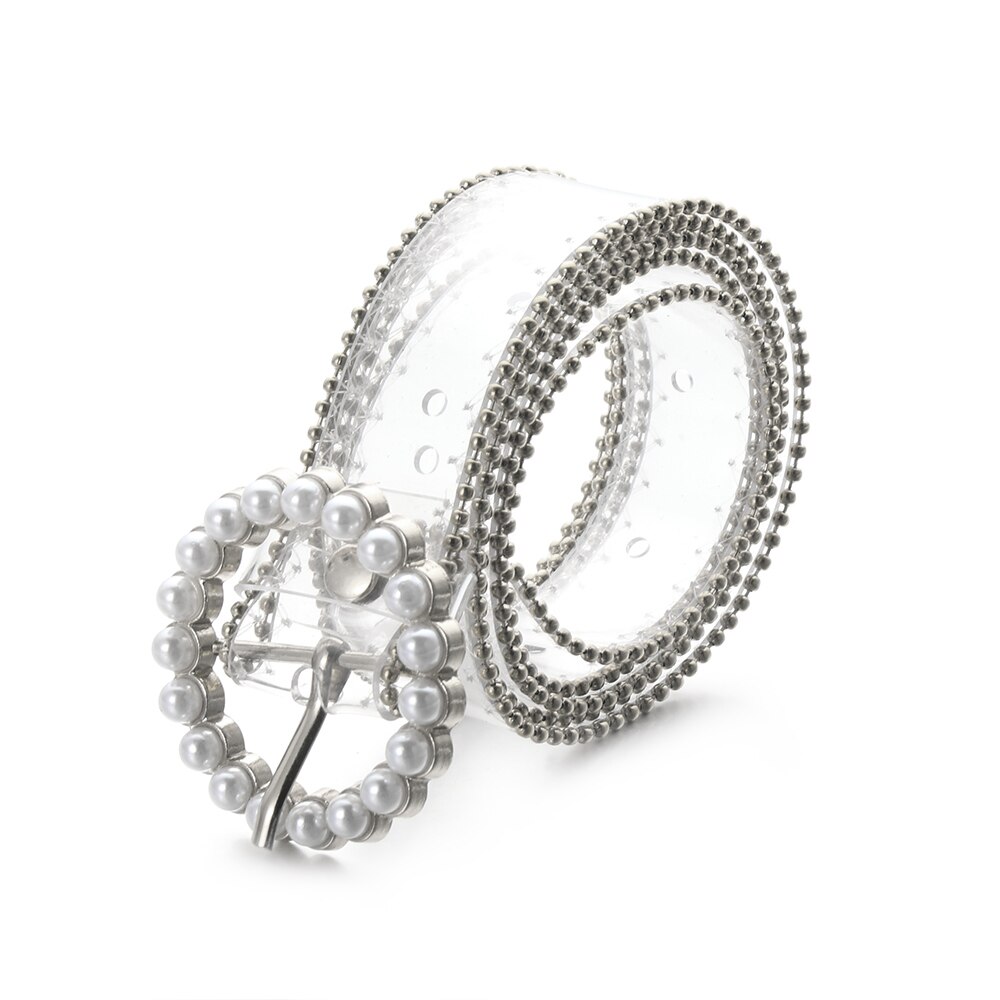 Clear Belt Diamond Pearl Waist Belts Versatile PVC Transparent Plastic Waist Strap Adjustable Decorative Waistband: 2.5cm-Type  2 silver