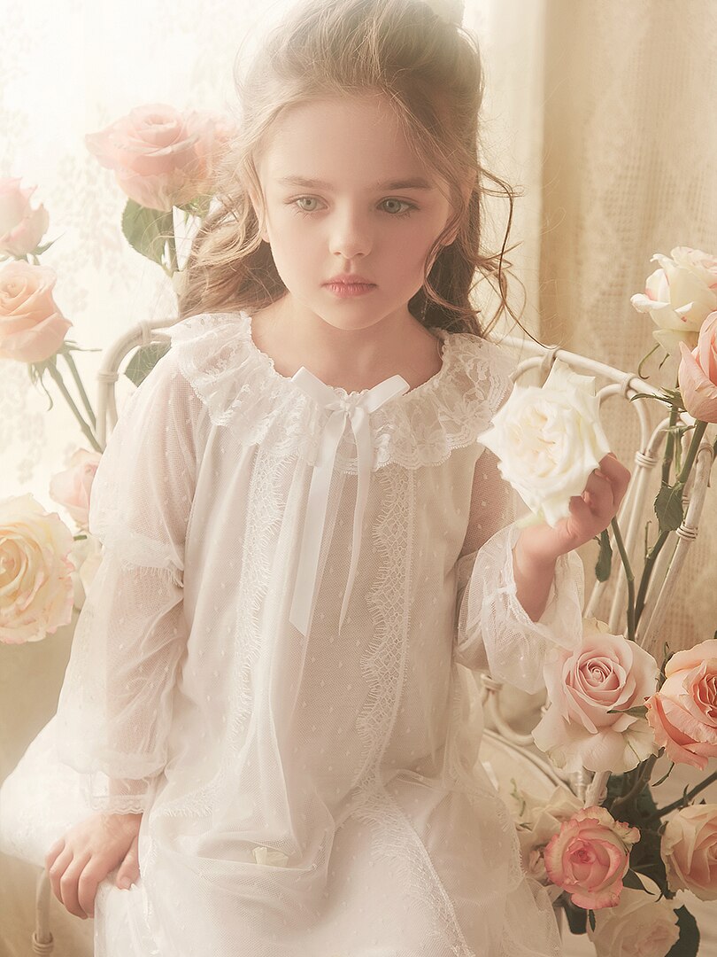 Sweet Princess Nightgown For Girls Long Sleeve Mesh Ruffles Mid Length Bathrobe 2-12y Kid Child Lovely Nightdress Sleeping Dress