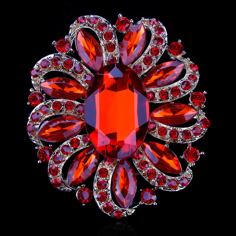 Fabriek Directe Verkoop Klassieke Kristallen Steentjes en Grote Ovale Acryl Bloem Broche Pins voor Vrouwen in Diverse Kleuren: Red Gold