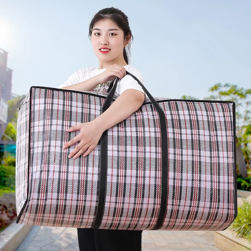 Bolsa tejida a rayas, almacenamiento de gran capacidad, bolsas móviles, ropa, colcha, manta, paquete de embalaje de equipaje, bolso con cremallera, organizador para el hogar