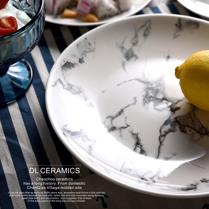 Nordic Marble Ceramic Plate Round Dinner Dessert Fruit Dishes Steak Cake Sandwiches Dishes Microwave Ovens Safe Dinnerware Set