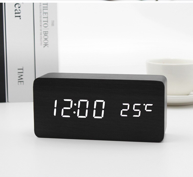 Wooden Snooze Table Digital Clock Bedroom Desk Electronic Clock with Date/Time/Week/Temperature Display Rectangle White Light