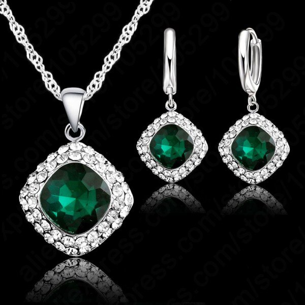 Vrouwen Heetste 925 Sterling Zilveren Sieraden Sets Classic Kleurrijke Ketting Oorbel Set Zirkoon Sieraden Voor Engagement: green