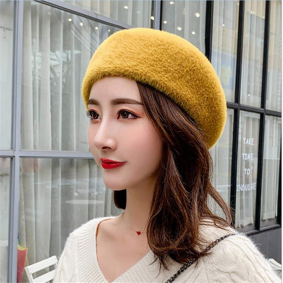 Faux velvet woman beret ladies Parisian style hats autumn winter night hat woman girl birthday christmas: Yellow