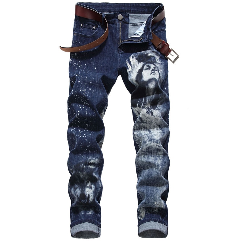 Idopy heren jeans met print, rekbaar, cool, nachtclub, feest, wolf, vrouw, patroon, 3d lange broeken