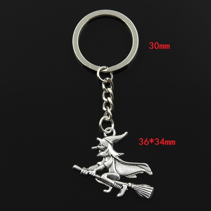 30mm Schlüssel Ring Metall Schlüssel Kette Keychain Schmuck Antike Silber Farbe Überzogen Hexe Besen Halloween 36x34mm Anhänger