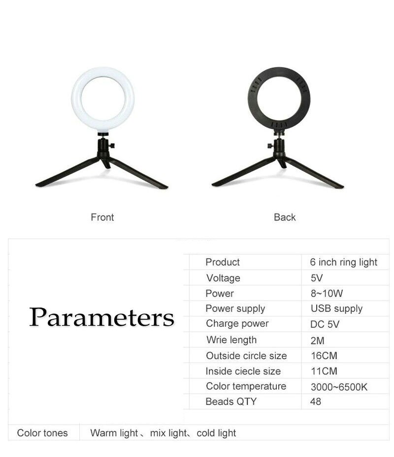 Anillo de luz LED de 6 pulgadas para estudio de vídeo, foto, Selfie, luz de relleno con trípode de escritorio y soporte para teléfono, f/retrato, producto de fotografía en vivo