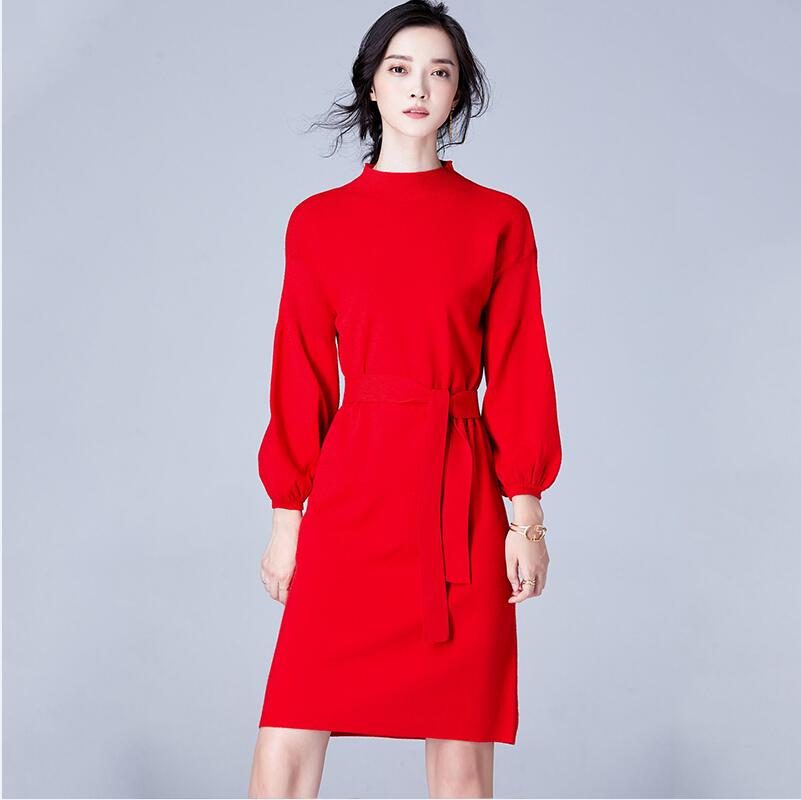 Autumn Winter Women sweaters Dresses Spring Solid Knitted Sweater Dress: Red / M