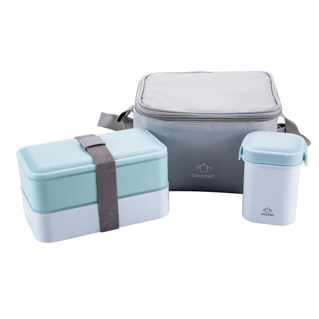 MICCK Japanese Lunch Box Set Double Layer Bento Box With Soup Bowl Portable Thermal Insulated Food Container Microwavable: Blue Set