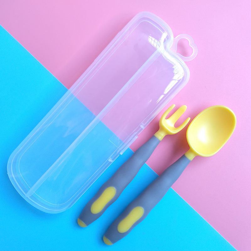 Juego de cucharas y tenedores para bebé, Set de 2 piezas para comida auxiliar, práctico flexible, PP, vajilla de entrenamiento para alimentación: Yellow Gray With Box