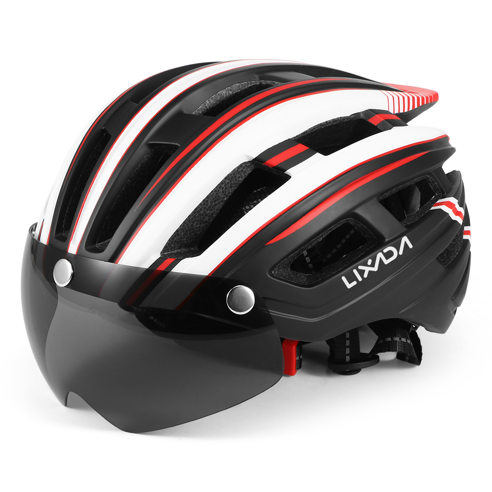 Lixada mountainbikehelm, motorhelm met achterlicht, afneembaar magnetisch vizier, uv-beschermende fietshelmen voor mannen en vrouwen.: Rood wit