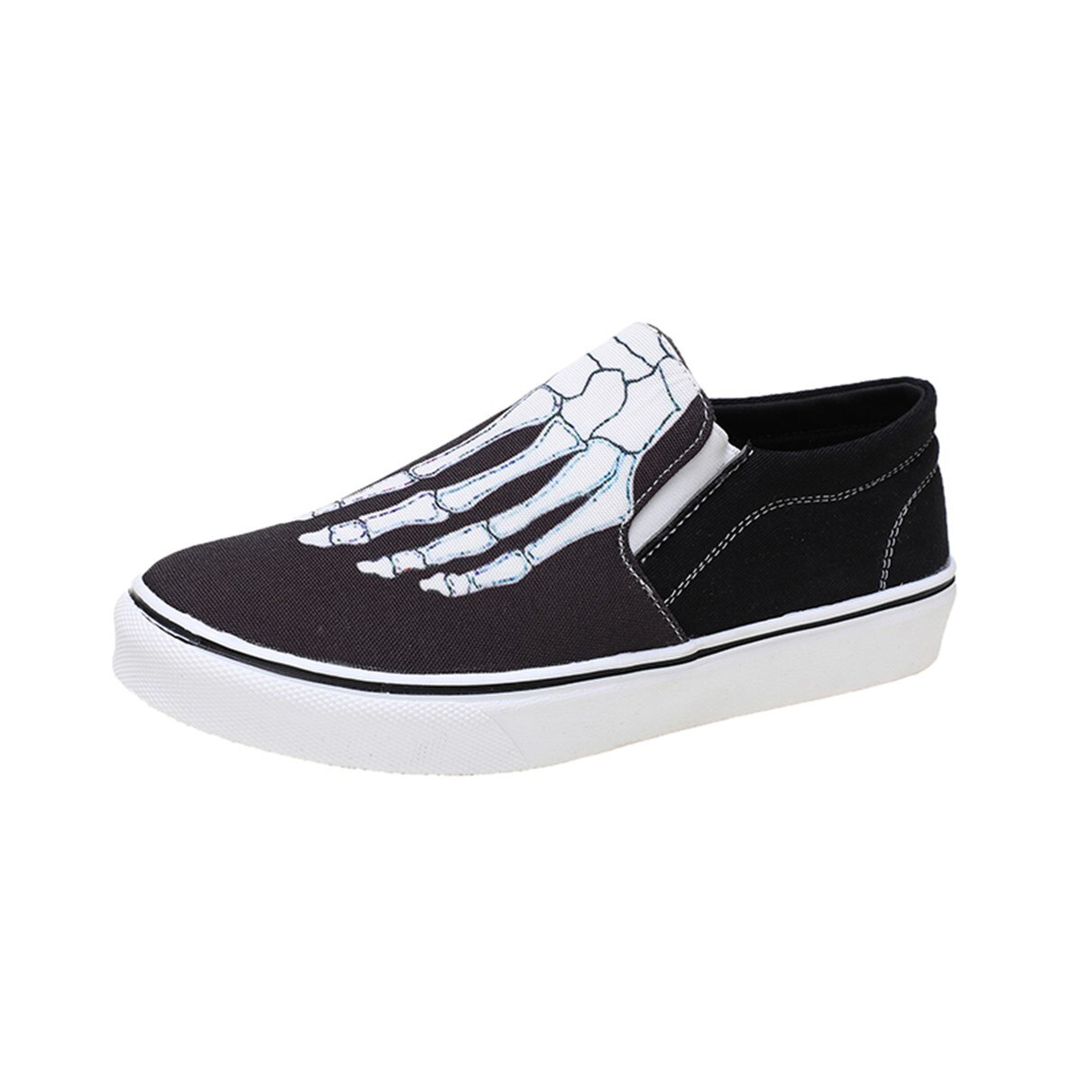 Wen unisexe sans lacet chaussures personnalisée crâne pied squelette peint à la main toile baskets noir chaussures plates bas plate-forme Plimsolls: WHITE / 40